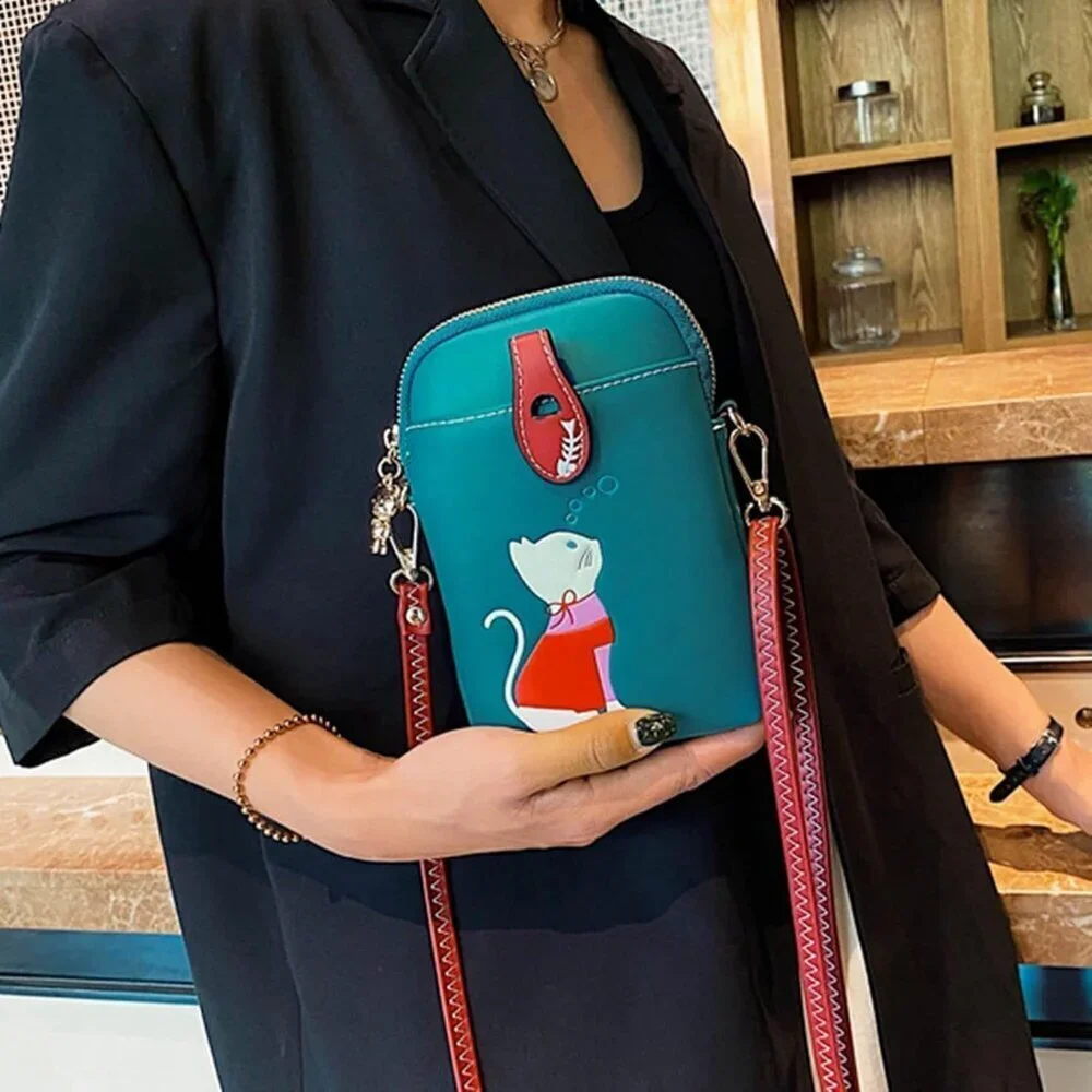 Women Small Leather Crossbody Bag Cute Cat Design Lightweigh